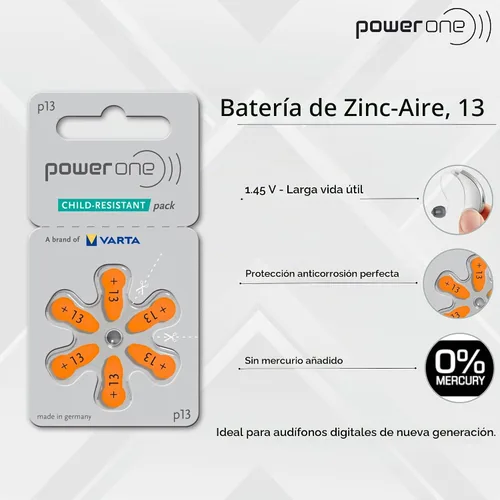 Vista 2 de Powerone - Baterías para audífonos (60 unidades, tamaño 13, zinc, aire P13)