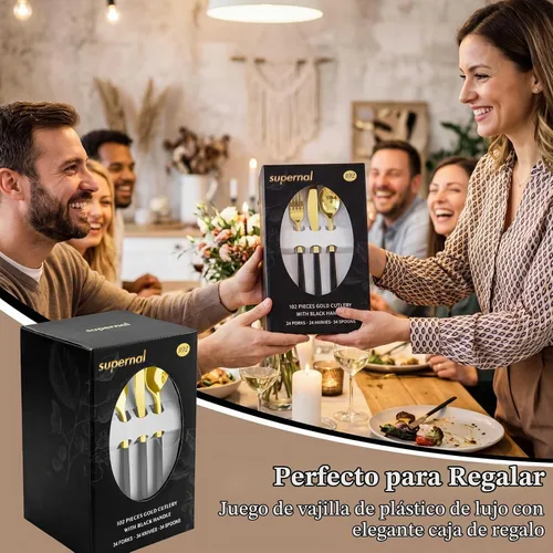 Vista 7 de Supernal 102 cubiertos de plástico dorados, cubiertos dorados con mango negro, colección de cubiertos desechables, incluye 34 tenedores de plástico