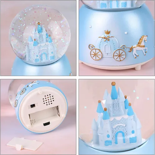 Vista 4 de Caja de música con forma de globo de nieve de castillo, luz musical, Navidad, casa de nieve Azul