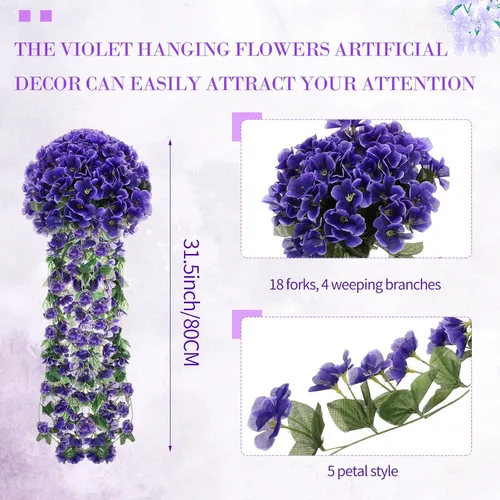 Vista 3 de XunYee Paquete de 4 flores artificiales colgantes para exteriores, plantas colgantes falsas de 5 pétalos de seda violeta, plantas de simulación