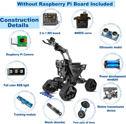 Vista 4 de Kit de carro robot BLONWINER, juguete de construcción de brazo robótico inteligente 2 en 1 para codificación Python en Raspberry Pi, kits de tanque