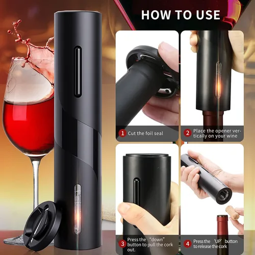 Vista 4 de Abridor eléctrico de botellas de vino, abridor automático de sacacorchos de vino, funciona con pilas. Abridor de botón de un clic con cortador