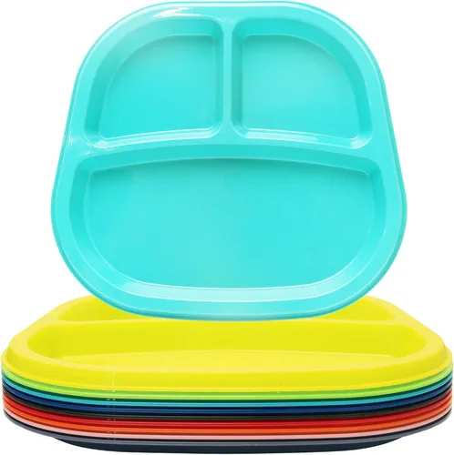 Vista 6 de Youngever Bandeja de plástico dividida para niños de 3 compartimentos, 3 platos, juego de 9 (9 colores costeros)