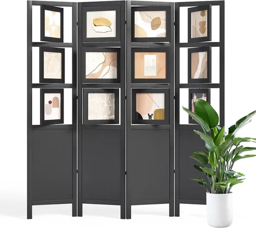 Vista 9 de Divisor de habitación para fotos de 4 paneles, pantalla de privacidad plegable independiente y decorativo con 16 marcos para oficina en casa (negro)