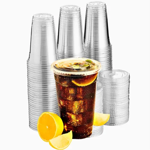 Vista 10 de Green Direct Vasos de plástico ultra transparentes con tapas planas para café helado, batido de té Boba (100, 10 onzas)