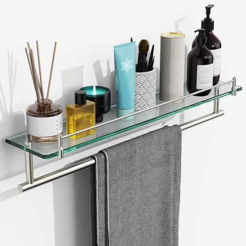 Vista 12 de Toallero con estante de 16 pulgadas, estante de baño con barra de toalla de vidrio templado, dorado cepillado moderno, acero inoxidable a prueba