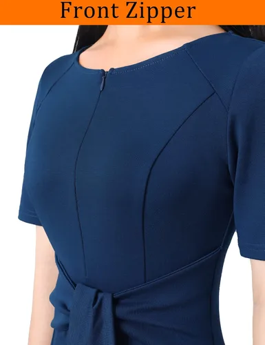 Vista 3 de VFSHOW Vestido de tubo ajustado con cremallera frontal y lazo en la cintura para mujer, para el trabajo, negocios, oficina, bodycon