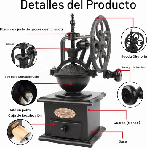 Vista 4 de Molinillo de Café, Molinillo Manual de Granos de Café de Madera, Molinillo de Café con Rodillo, Molino de Café Antiguo con Manivela de Hierro