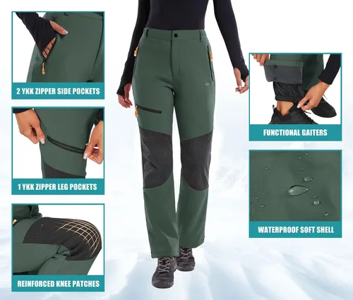 Vista 4 de IUGA Pantalones de nieve para mujer, impermeables, para senderismo, aislados, softshell, con forro polar, para snowboard, 4 bolsillos