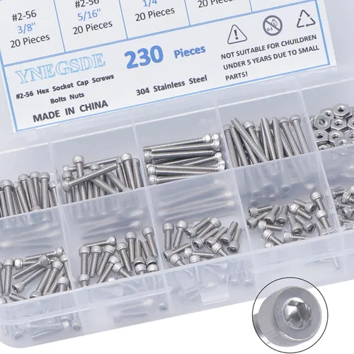 Vista 6 de Kit surtido de tornillos de cabeza hexagonal, tornillos y tuercas 2-56 UNC, kit surtido de tornillos de máquina 304 de acero inoxidable 304, rosca