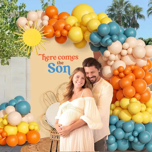 Vista 4 de Kit de arco de guirnalda de globos «Here Comes the Sun» de 151 piezas, estilo bohemio, retro, azul pizarra polvorienta, naranja quemado, naranja