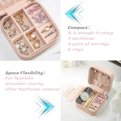 Vista 3 de GDJMLai Organizador de joyas de viaje pequeño estuche de joyería hecho de terciopelo y piel sintética para niñas mini joyero de viaje con cremallera