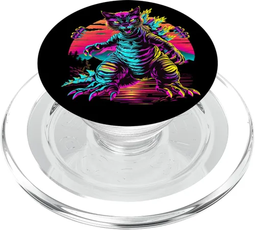 Vista 7 de Streetwear Synthwave 80s 90s Catzilla graphic Cat Japanese PopSockets Adhesive PopGrip