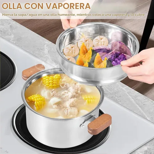 Vista 2 de Olla de vapor de acero inoxidable de 2 niveles con inserto de vapor y cesta