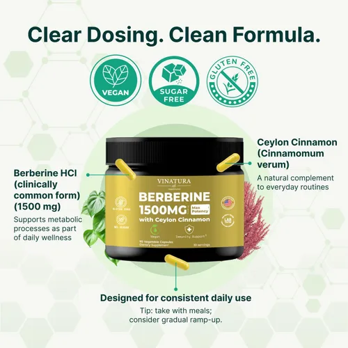 Vista 4 de VINATURA Berberina 1500mg - Suplemento de berberina con canela de Ceilán, berberina HCL de máxima potencia - 90 cápsulas