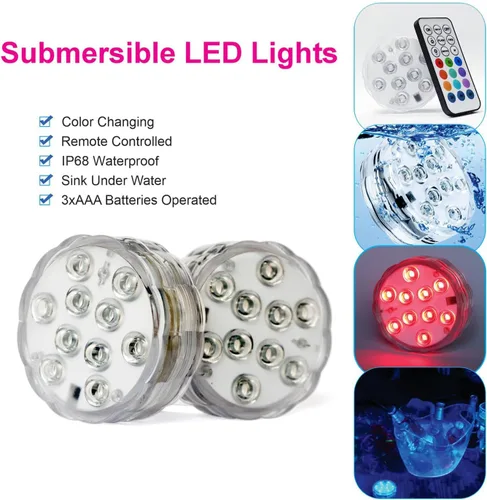 Vista 2 de Luces LED sumergibles con control remoto, 13 colores, 4 modos, funciona con pilas, luz LED subacuática para piscina enterrada y piscina sobre