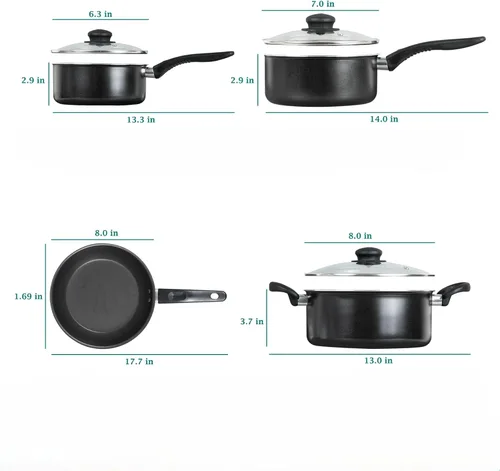 Vista 2 de Juego de utensilios de cocina de aluminio antiadherente, ollas y sartenes (negro)