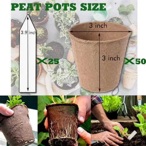 Vista 3 de 3T GROUP 50 macetas de turba de 3.15 pulgadas, macetas compostables, macetas de jardín biodegradables con etiquetas para verduras, frutas