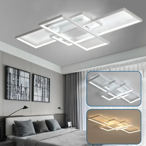 Vista 7 de OUKANING Lámpara de techo LED moderna de 43 pulgadas, lámpara geométrica de montaje empotrado, lámpara de 3 colores con control remoto, lámpara