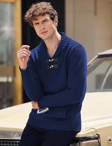 Vista 2 de COOFANDY Men's Shawl Collar Pullover Sweater Relaxed Fit Casual Cotton Cable Knit Sweaters with Pockets