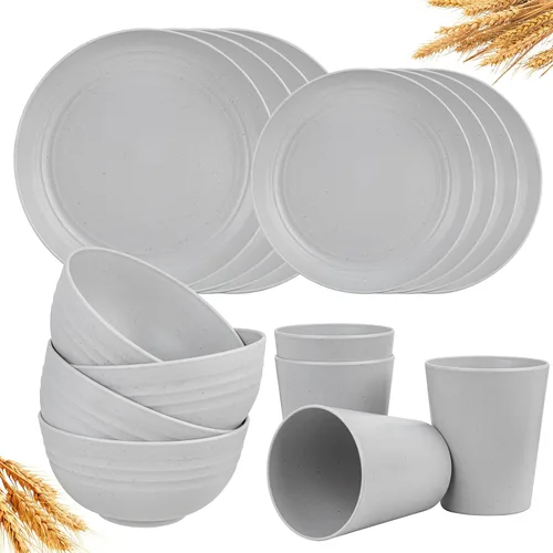Vista 18 de LIYH 16 Piezas Juego de Vajilla de Paja de Trigo Beige - Platos de Cena Crema Irrompibles, para 4 Platos y Cuencos, Juego de Vajilla de Plástico