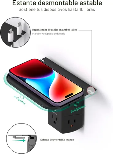 Vista 4 de Extensor de toma de pared con estante y luz nocturna, protector de sobretensiones, cargador de pared USB con 5 salidas USB y 3 puertos USB, 1 salida