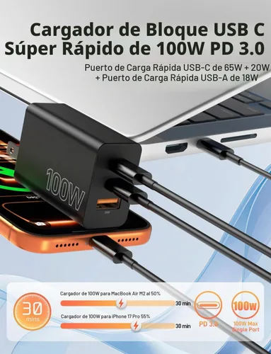 Vista 3 de Paquete de 2 bloques de cargador USB C de 100 W, adaptador de pared de Negro