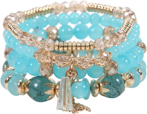 Vista 22 de 4 piezas de juego de pulseras bohemias apilables de múltiples capas con cuentas de cristal coloridas, pulseras elásticas con cuentas de oro Verde