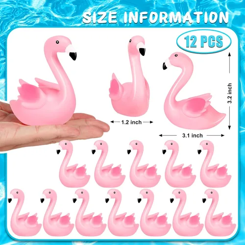 Vista 4 de Patos de goma de flamenco rosa, 12 juguetes de baño de flamenco a granel para niños, decoración de pastel de pato de goma flamenco pequeño, premios