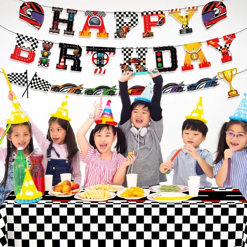 Vista 2 de WNINK Manteles con temática de auto de carreras, cartel de feliz cumpleaños, mantel rectangular de carreras, kit de decoración de fiesta de auto