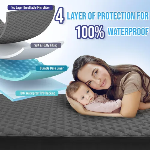 Vista 2 de HYLEORY Protector de colchón impermeable tamaño Queen, transpirable, acolchado, sin ruido, impermeable, para colchón de hasta 21 pulgadas de Gris