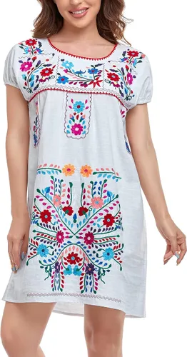 Vista 2 de YZXDORWJ Vestido bordado mexicano de manga corta para mujer