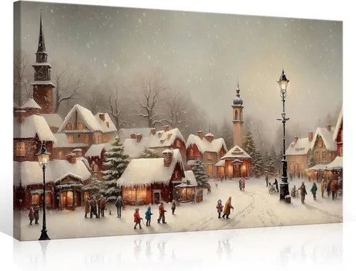 Vista 15 de Huabsad Arte de pared vintage de Navidad, retro, del siglo XVIII, rústico, naturaleza, paisaje, pósteres de lienzo de pueblo de invierno, famosas