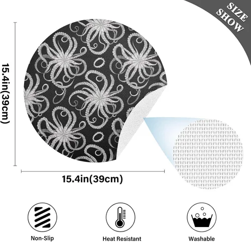 Vista 4 de White Gray Octopus Black Round Placemat, Non Slip Dinner Placemats Washable for Kitchen Table (one Sizex1)