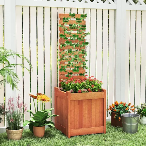 Vista 9 de Giantex Cama de jardín elevada de madera con enrejado, maceta para exteriores con base abierta para plantas trepadoras, profundidad de plantación