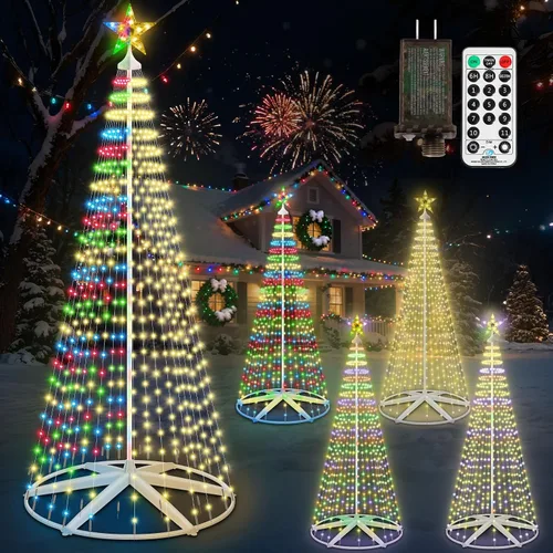 Vista 10 de Árbol de Navidad iluminado con conos, 250 luces LED de 1.8 m con 11 modos de iluminación, temporizador, control remoto, árbol artificial de Navidad