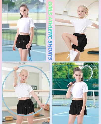 Vista 4 de QooNoo Pantalones cortos de mariposa para niñas con bolsillo, pantalones cortos atléticos fluidos de cintura alta para correr para niños