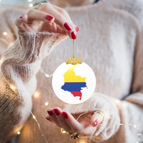 Vista 5 de Colgante redondo de cristal con diseño de mapa de bandera de Colombia con detalles dorados y plateados para colgar la decoración del árbol