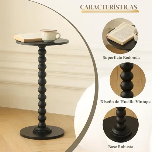 Vista 5 de Fultyle Mesa auxiliar redonda, mesa pequeña para bebidas para espacios pequeños, mesa auxiliar moderna con patas de madera maciza para sala de Negro