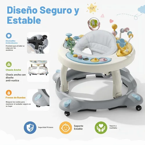Vista 4 de Andador de bebé con ruedas, andador plegable para bebés de 6 a 12 meses, asiento giratorio de 3 posiciones con centro de actividad interactivo Gris