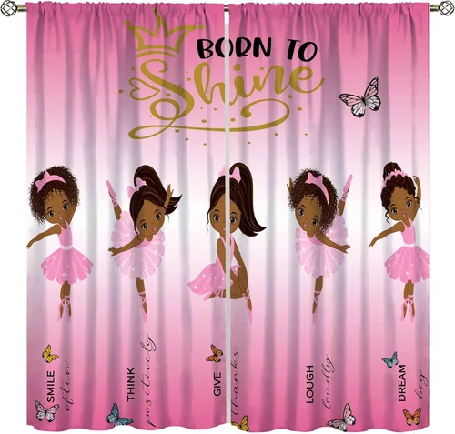 Vista 14 de YCness Cortinas afroamericanas para niños, tratamientos de ventana de niña negra afro para dormitorio, lindas cortinas de bailarina bailarina rosa