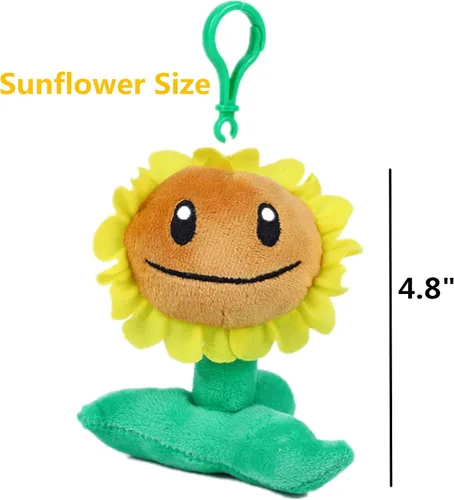Vista 4 de Juego de 3 llaveros de peluche de plantas de PVZ, juguetes de peluche de PVZ suave, figura de girasol, guisante verde, colgante de pimiento rojo