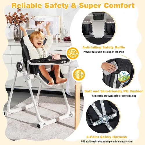 Vista 8 de BABY JOY Silla alta para bebés y niños pequeños, silla alta plegable con respaldo/reposapiés/altura del asiento, bandejas extraíbles dobles, cojín