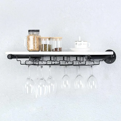 Vista 11 de Estante de vino industrial montado en la pared con soporte para 5 vidrios,Estante flotante para copas de vino,Estantería de tubo de 24 pulgadas