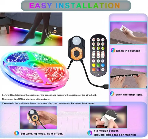 Vista 6 de Tira de luz LED con sensor de movimiento debajo de la cama, 9.84 pies, control remoto/aplicación, regulable, sincronización de música, temporizador