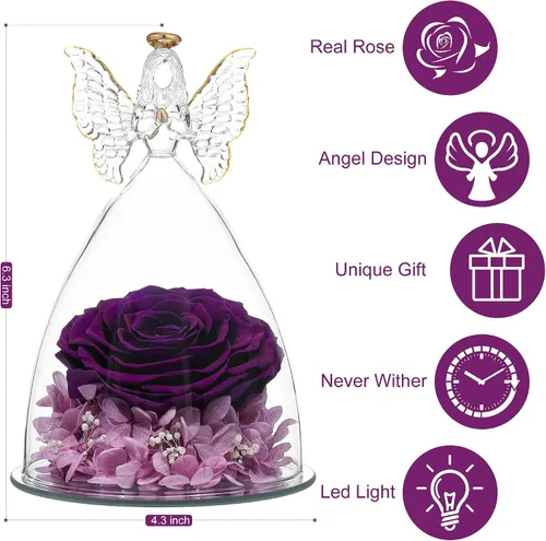 Vista 3 de Regalo de rosa para el día de la madre, rosa real preservada en figura de ángel de cristal grande, regalos de rosas para mujeres, regalo de flores
