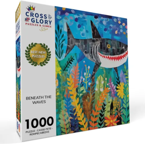 Vista 2 de Cross & Glory - Beneath The Waves: Shark's Colorful Realm - Rompecabezas de 1000 piezas para adultos y niños mayores de 12 años Arte oceánico