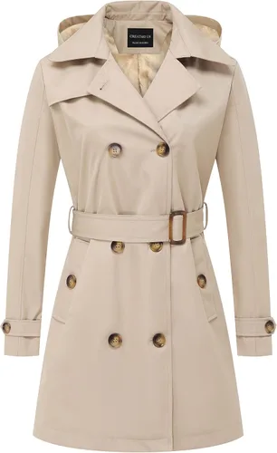 Vista 29 de CREATMO US Gabardina para mujer con doble botonadura clásica con solapa, con cinturón y capucha desmontable Albaricoque