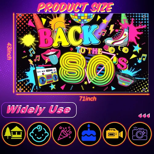 Vista 2 de Breling Cartel de fondo de Back to the 80's Retro Neon 80s que brilla en la oscuridad, decoraciones de fiesta colgantes de hip hop, decoración