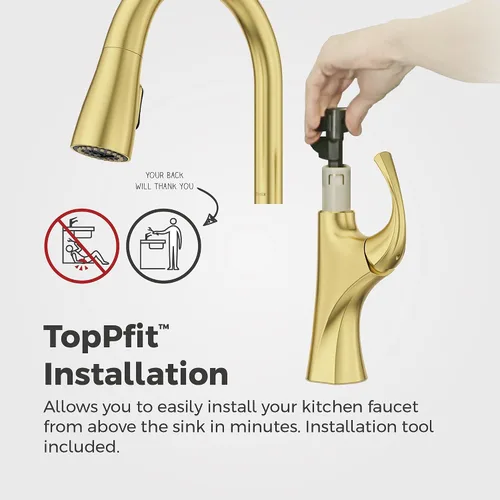 Vista 4 de Pfister Miri 2.0 Llave de cocina con rociador extraíble y dispensador de jabón, de un solo mango, arco alto, certificada por NSF, acabado en oro Oro